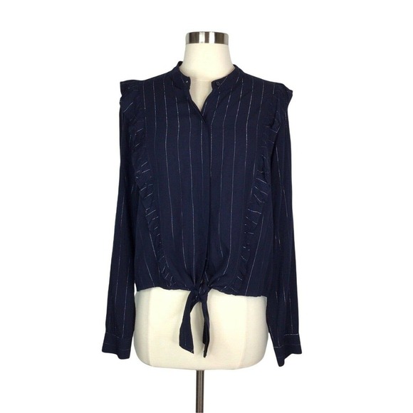 Rails Piper Blouse in Panama Stripe Medium Ruffle Blue Silver Metallic Tie Hem - Picture 7 of 12
